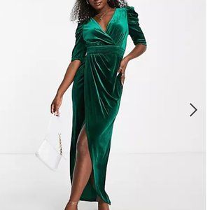 Little Mistress velvet maxi dress with thigh split in emerald green